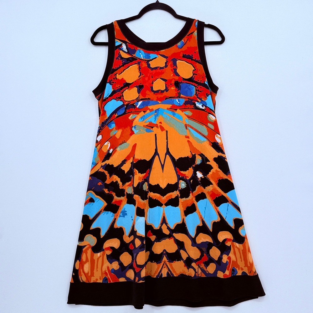 Eva Varro Stretch Dress Womens Medium Orange Blue Graphic Art to Wear Boho Artsy